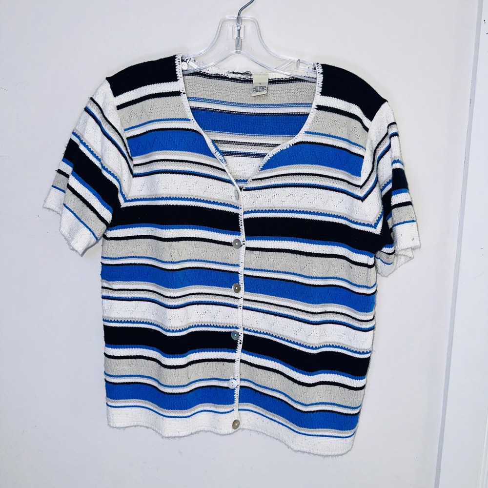 Vintage Striped Cardigan Sweater V-Neck Button Up Large Blue Whie Short Sleeves